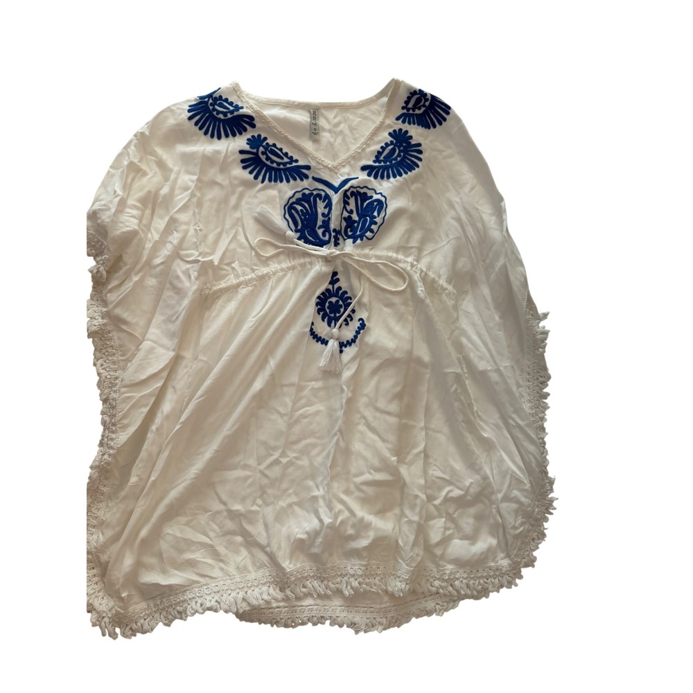 Boho Me White Blue Embroidered Kaftan Tassel Top Lace Trim Small